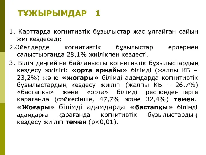 ТҰЖЫРЫМДАР 1 1. Қарттарда когнитивтік бұзылыстар жас ұлғайған сайын жиі кездеседі; 2.Әйелдерде