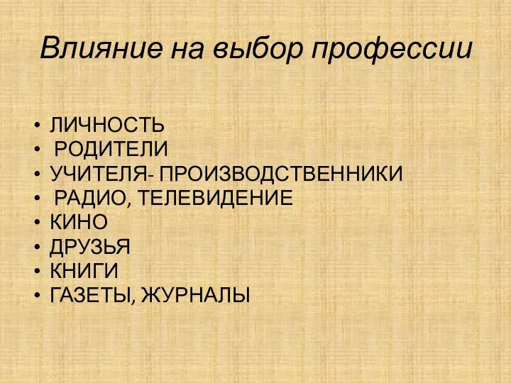 Влияние на выбор профессии ЛИЧНОСТЬ РОДИТЕЛИ УЧИТЕЛЯ- ПРОИЗВОДСТВЕННИКИ РАДИО, ТЕЛЕВИДЕНИЕ КИНО ДРУЗЬЯ КНИГИ ГАЗЕТЫ, ЖУРНАЛЫ