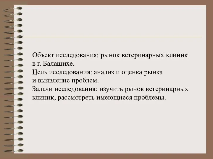 Объект исследования: рынок ветеринарных клиник в г. Балашихе. Цель исследования: анализ и