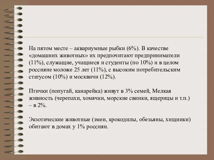 На пятом месте – аквариумные рыбки (6%). В качестве «домашних животных» их