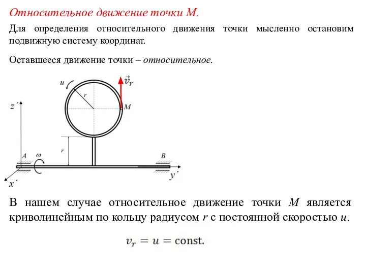 Относительное движение точки М. Для определения относительного движения точки мысленно остановим подвижную