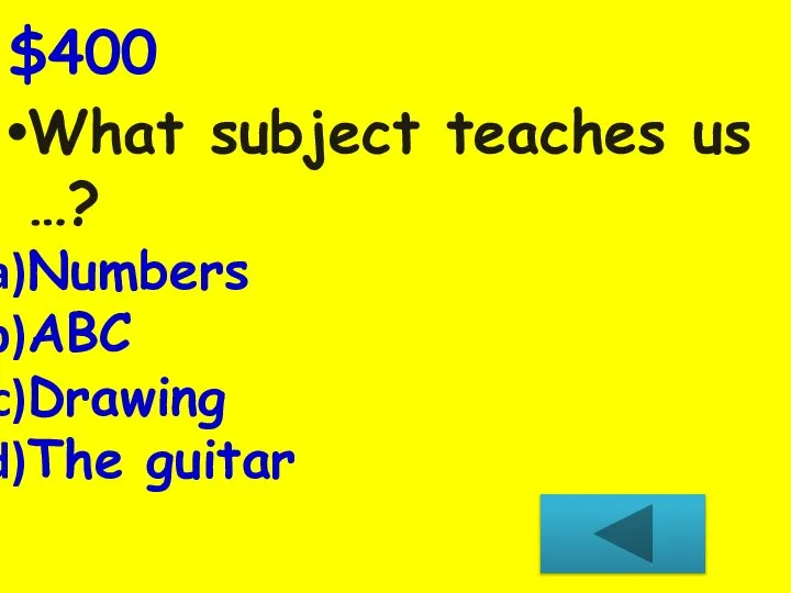 What subject teaches us …? Numbers ABC Drawing The guitar $400