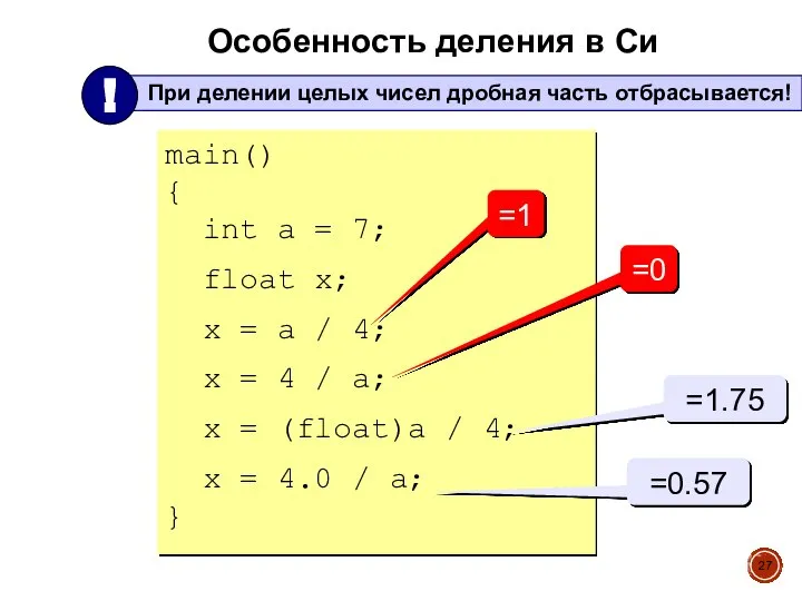 Особенность деления в Си main() { int a = 7; float x;