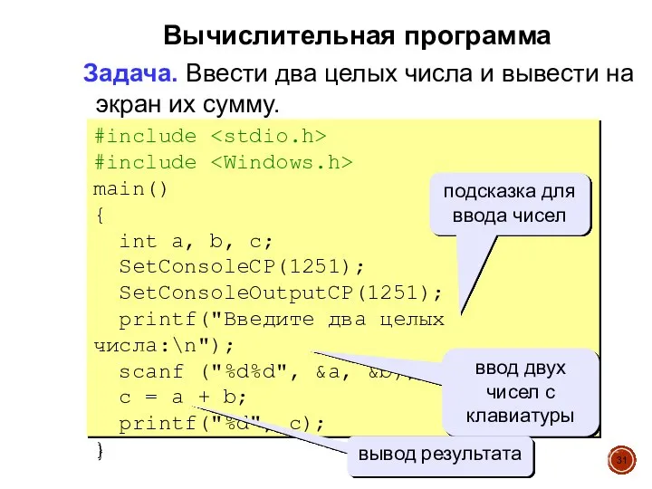 Вычислительная программа Задача. Ввести два целых числа и вывести на экран их