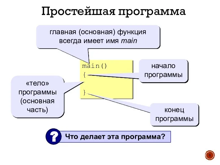 main() { } главная (основная) функция всегда имеет имя main начало программы