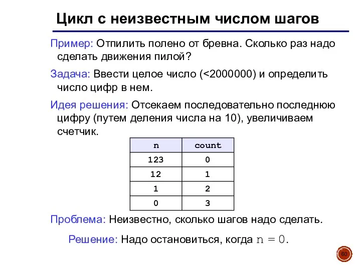 Цикл с неизвестным числом шагов Пример: Отпилить полено от бревна. Сколько раз