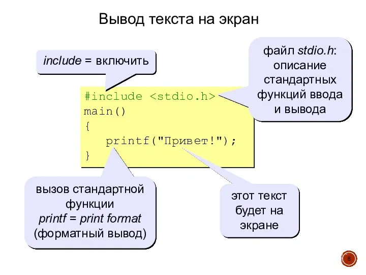 Вывод текста на экран #include main() { printf("Привет!"); } include = включить