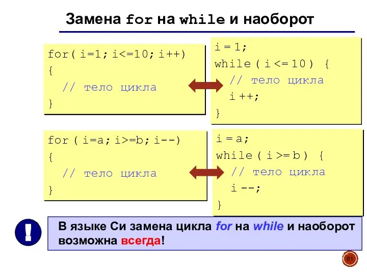 Замена for на while и наоборот for( i=1; i { // тело