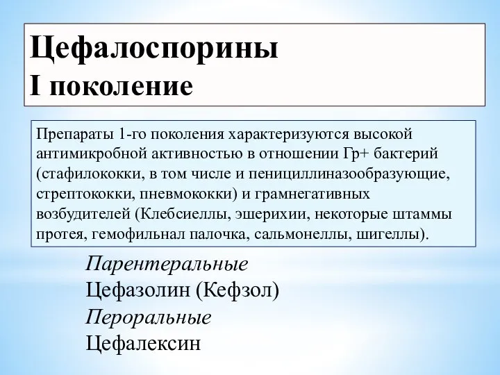 Цефалоспорины I поколение Препараты 1-го поколения характеризуются высокой антимикробной активностью в отношении