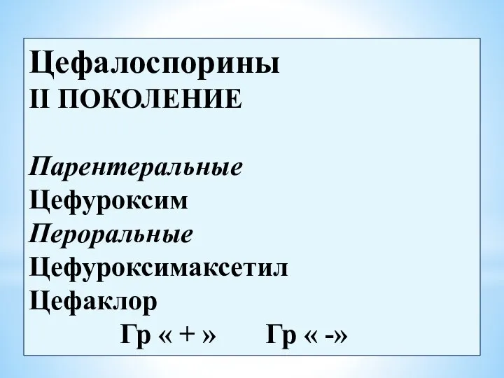 Цефалоспорины II ПОКОЛЕНИЕ Парентеральные Цефуроксим Пероральные Цефуроксимаксетил Цефаклор Гр « + » Гр « -»