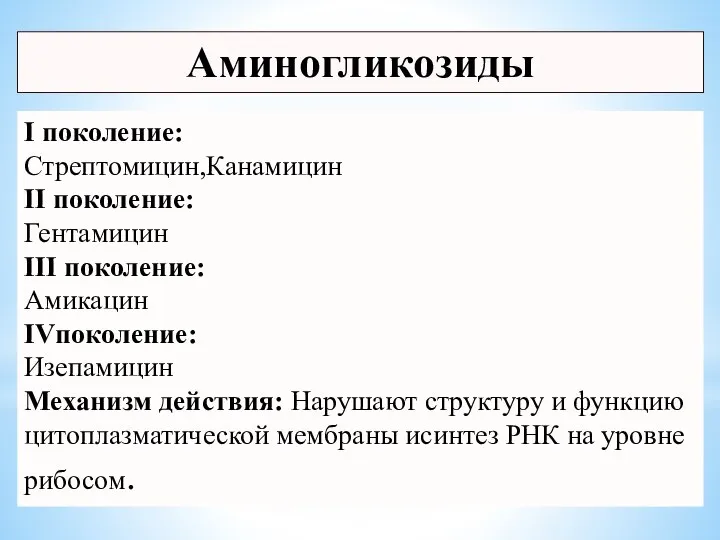 Аминогликозиды I поколение: Стрептомицин,Канамицин II поколение: Гентамицин III поколение: Амикацин IVпоколение: Изепамицин