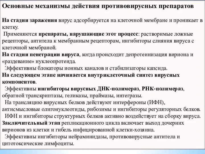 Основные механизмы действия противовирусных препаратов На стадии заражения вирус адсорбируется на клеточной