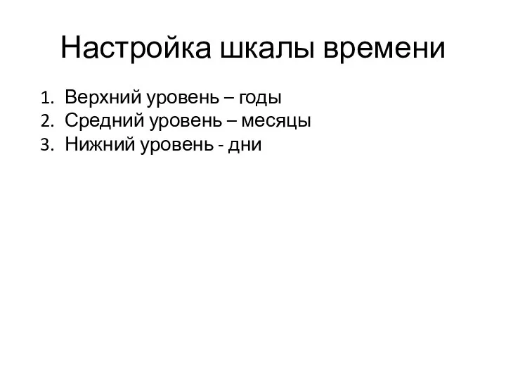 Настройка шкалы времени Верхний уровень – годы Средний уровень – месяцы Нижний уровень - дни