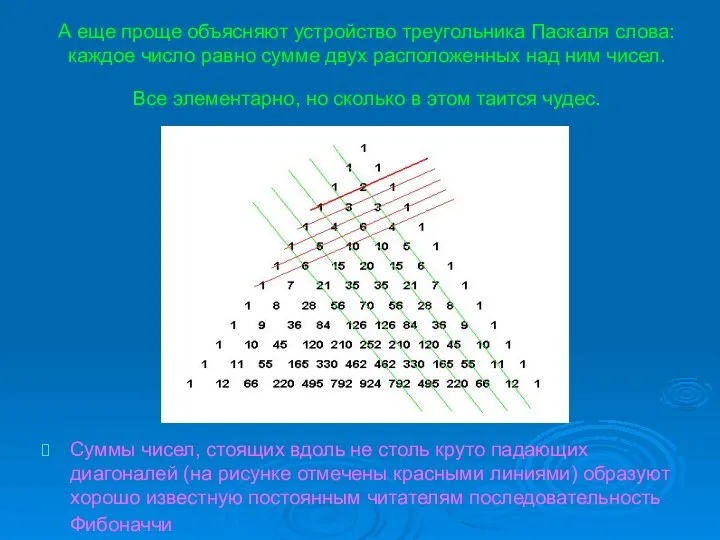 А еще проще объясняют устройство треугольника Паскаля слова: каждое число равно сумме