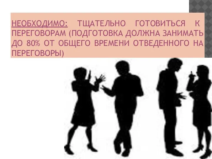 НЕОБХОДИМО: ТЩАТЕЛЬНО ГОТОВИТЬСЯ К ПЕРЕГОВОРАМ (ПОДГОТОВКА ДОЛЖНА ЗАНИМАТЬ ДО 80% ОТ ОБЩЕГО ВРЕМЕНИ ОТВЕДЕННОГО НА ПЕРЕГОВОРЫ)