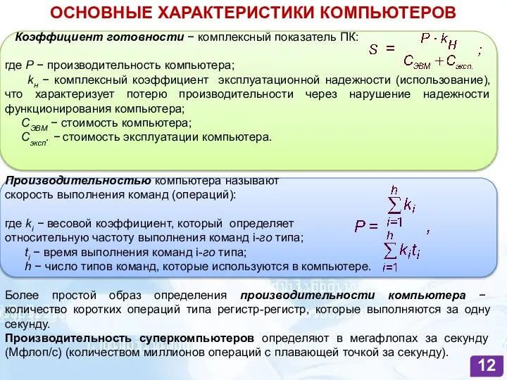 ОСНОВНЫЕ ХАРАКТЕРИСТИКИ КОМПЬЮТЕРОВ Коэффициент готовности − комплексный показатель ПК: где Р −