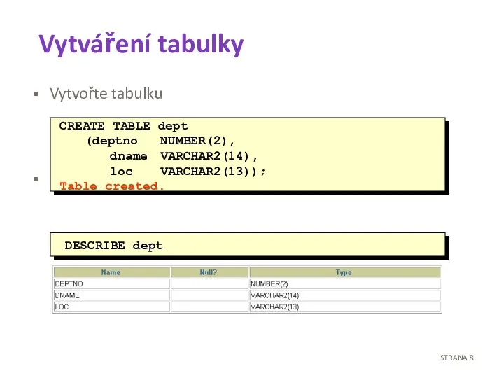 Vytváření tabulky Vytvořte tabulku Ověřte vytvoření tabulky DESCRIBE dept STRANA