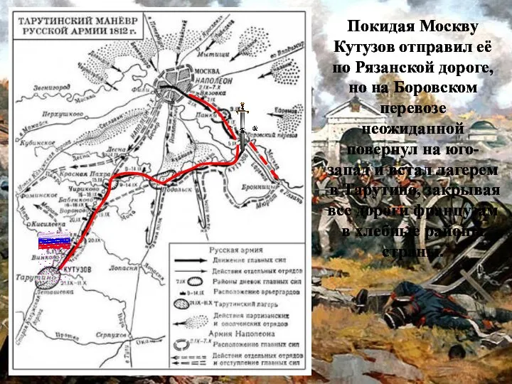 Покидая Москву Кутузов отправил её по Рязанской дороге, но на Боровском перевозе