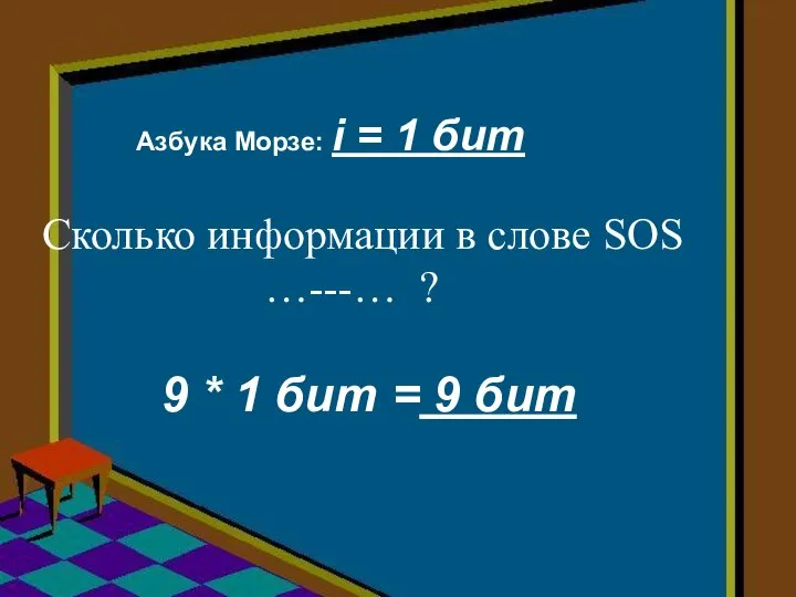 Сколько информации в слове SOS …---… ? Азбука Морзе: i = 1