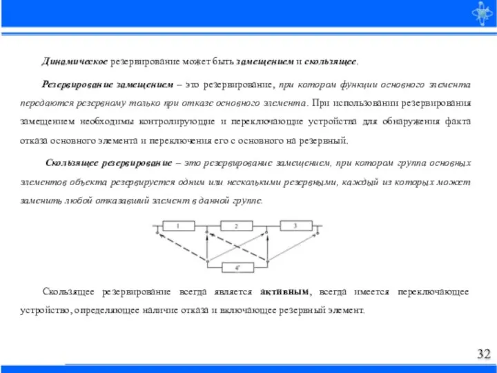 Динамическое резервирование может быть замещением и скользящее. Резервирование замещением – это резервирование,