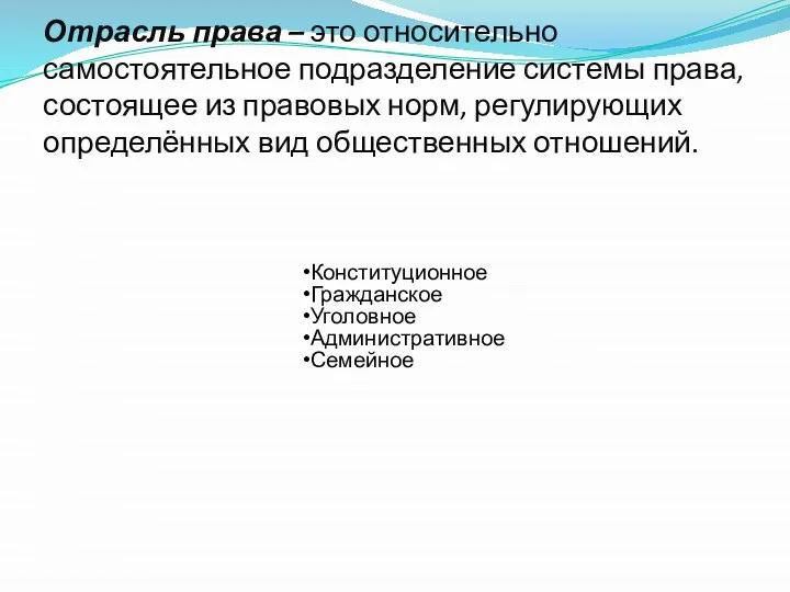 Отрасль права – это относительно самостоятельное подразделение системы права, состоящее из правовых