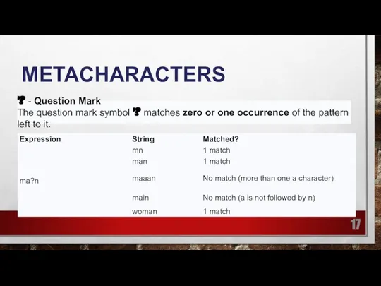 METACHARACTERS ? - Question Mark The question mark symbol ? matches zero