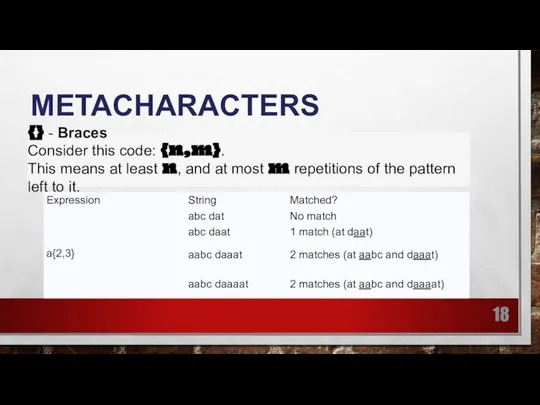 METACHARACTERS {} - Braces Consider this code: {n,m}. This means at least