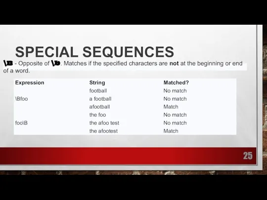 SPECIAL SEQUENCES \B - Opposite of \b. Matches if the specified characters