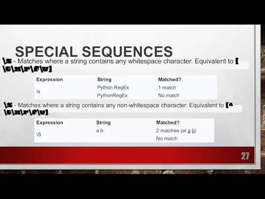 SPECIAL SEQUENCES \s - Matches where a string contains any whitespace character.