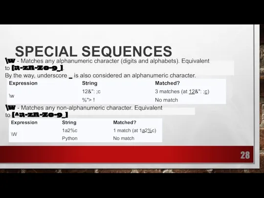 SPECIAL SEQUENCES \w - Matches any alphanumeric character (digits and alphabets). Equivalent