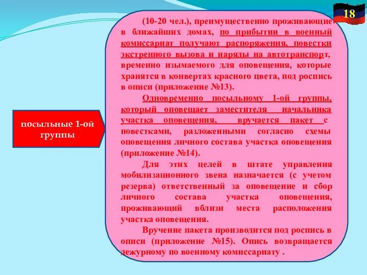 посыльные 1-ой группы (10-20 чел.), преимущественно проживающие в ближайших домах, по прибытии