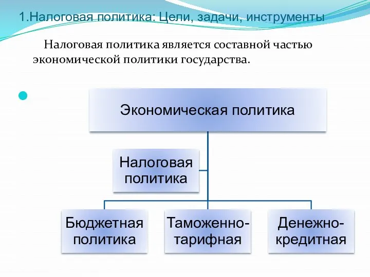 1.Налоговая политика: Цели, задачи, инструменты Налоговая политика является составной частью экономической политики государства.