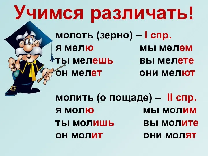 Учимся различать! молоть (зерно) – I спр. я мелю мы мелем ты