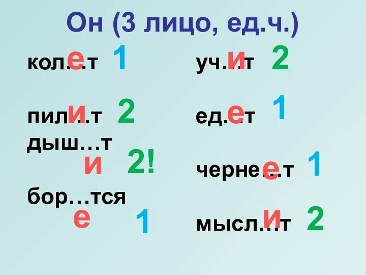 кол…т пил…т дыш…т бор…тся уч…т ед…т черне…т мысл…т Он (3 лицо, ед.ч.)