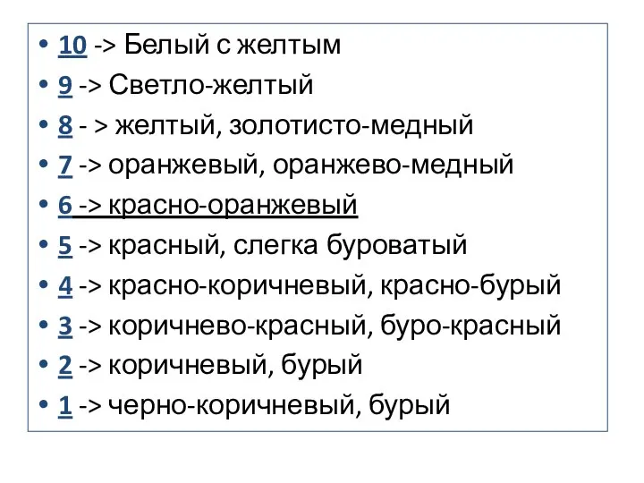 10 -> Белый с желтым 9 -> Светло-желтый 8 - > желтый,