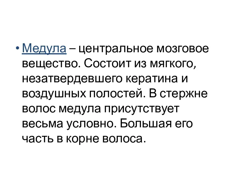 Медула – центральное мозговое вещество. Состоит из мягкого, незатвердевшего кератина и воздушных