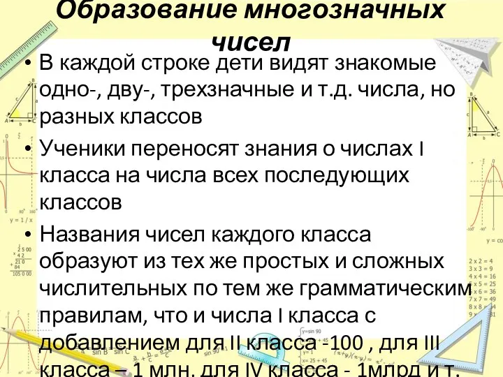 Образование многозначных чисел В каждой строке дети видят знакомые одно-, дву-, трехзначные