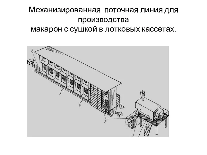 Механизированная поточная линия для производства макарон с сушкой в лотковых кассетах.