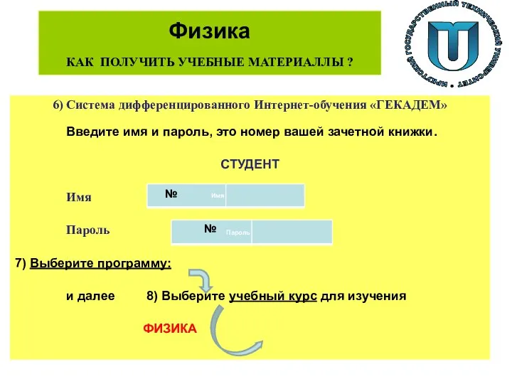 Физика КАК ПОЛУЧИТЬ УЧЕБНЫЕ МАТЕРИАЛЛЫ ? 6) Система дифференцированного Интернет-обучения «ГЕКАДЕМ» Введите