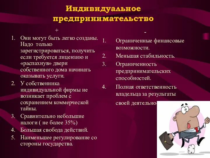 Индивидуальное предпринимательство + Они могут быть легко созданы. Надо только зарегистрироваться, получить