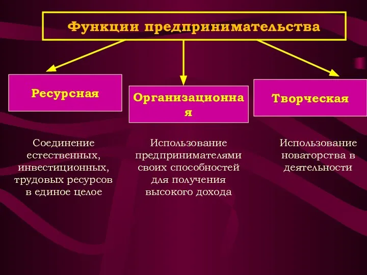 Функции предпринимательства Ресурсная Организационная Творческая Соединение естественных, инвестиционных, трудовых ресурсов в единое