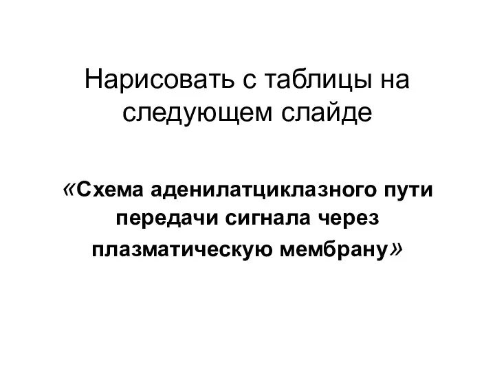 Нарисовать с таблицы на следующем слайде «Схема аденилатциклазного пути передачи сигнала через плазматическую мембрану»