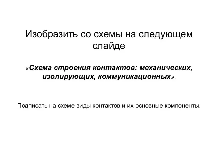 Изобразить со схемы на следующем слайде «Схема строения контактов: механических, изолирующих, коммуникационных».