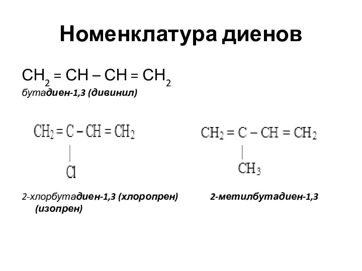 Номенклатура диенов СН2 = СН – СН = СН2 бутадиен-1,3 (дивинил) 2-хлорбутадиен-1,3 (хлоропрен) 2-метилбутадиен-1,3 (изопрен)