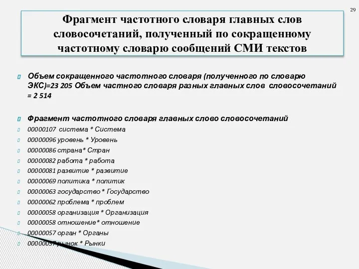 Объем сокращенного частотного словаря (полученного по словарю ЭКС)=23 205 Объем частного словаря