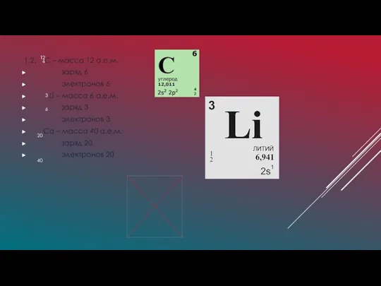 1,2. С – масса 12 а.е.м. заряд 6 электронов 6 Li –