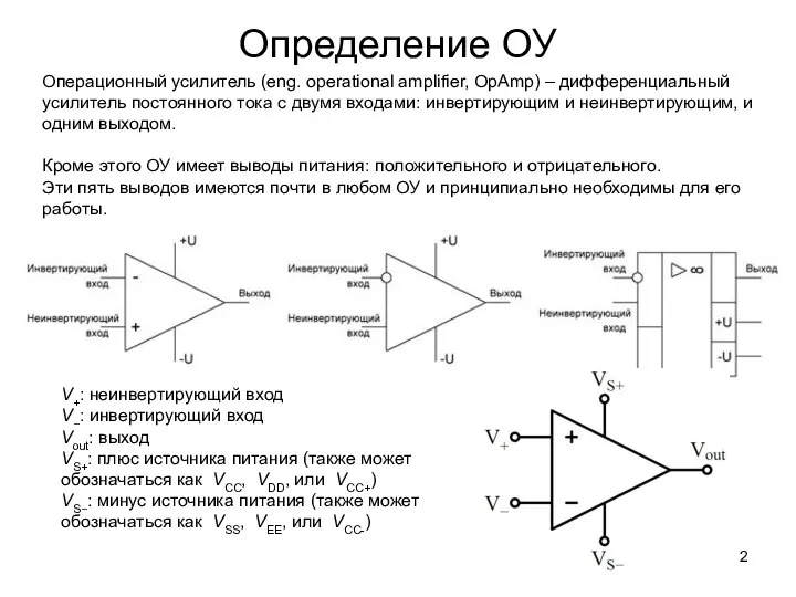 Определение ОУ Операционный усилитель (eng. operational amplifier, OpAmp) – дифференциальный усилитель постоянного