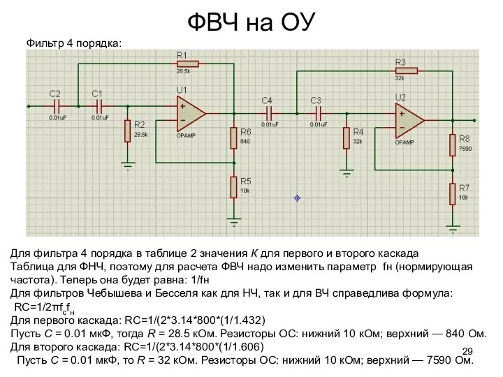 ФВЧ на ОУ Фильтр 4 порядка: Для фильтра 4 порядка в таблице