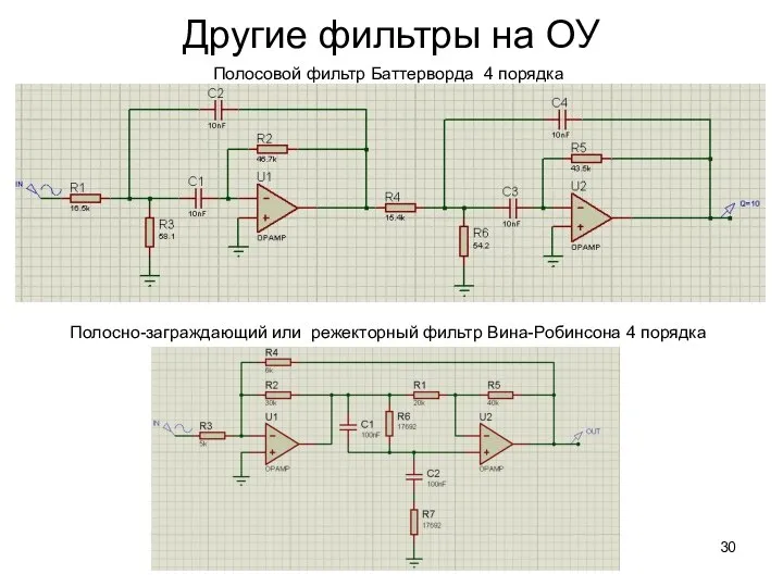 Другие фильтры на ОУ Полосовой фильтр Баттерворда 4 порядка Полосно-заграждающий или режекторный фильтр Вина-Робинсона 4 порядка