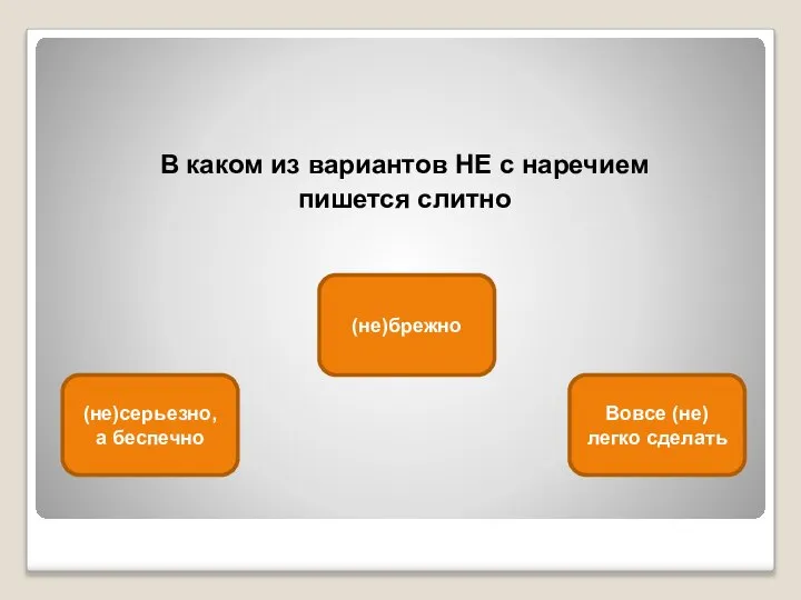 В каком из вариантов НЕ с наречием пишется слитно (не)брежно (не)серьезно, а